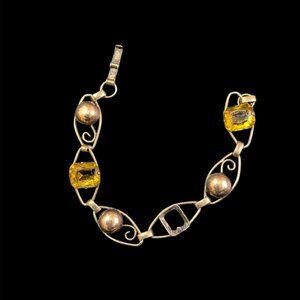 vintage 12K Gold Filled  Bracelet  Amber Colored Stones‎ 7" Chain Jewelry As is